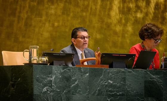联合国大会主席哈利勒·拉赫曼在联合国大会第81届会议一般性辩论闭幕式上发表讲话。